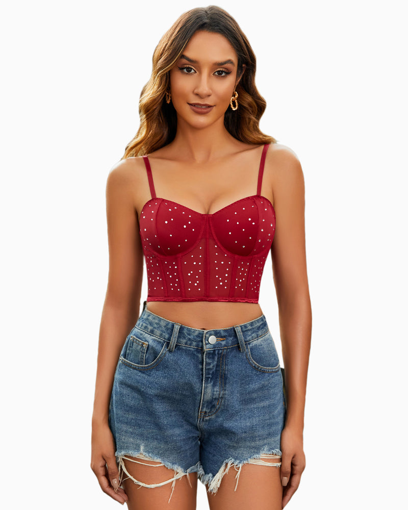 Wine red rhinestone push-up corset top with underwire cups and thin straps