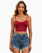 Red rhinestone push-up corset bustier top with thin straps and sweetheart neckline