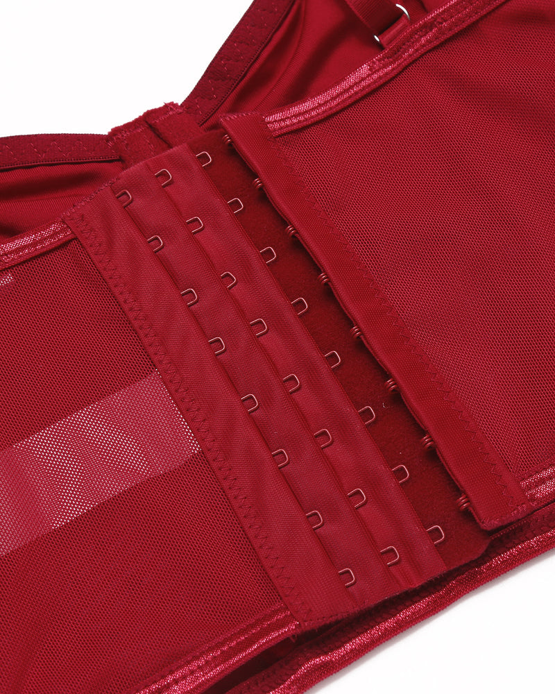 Close-up of wine red corset top hook-and-eye closure and mesh texture