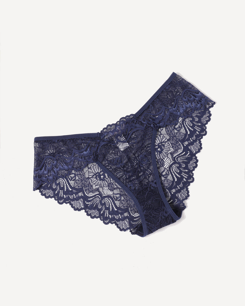 Navy lace hipster panties with scalloped lace trim and center knot detail