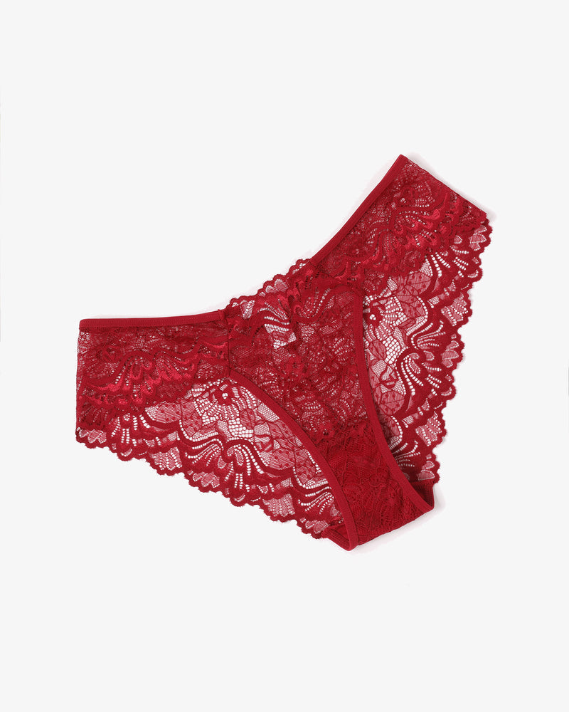 Red lace hipster panties with scalloped lace trim and center bow detail