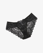 Black lace hipster panties with scalloped lace trim and patterned lace front