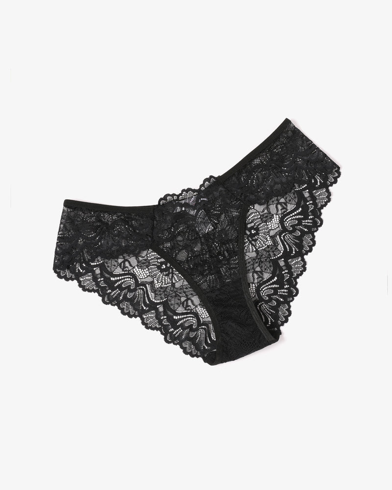Black lace hipster panties with scalloped lace trim and patterned lace front