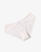 White lace hipster panties with scalloped lace trim and floral lace pattern