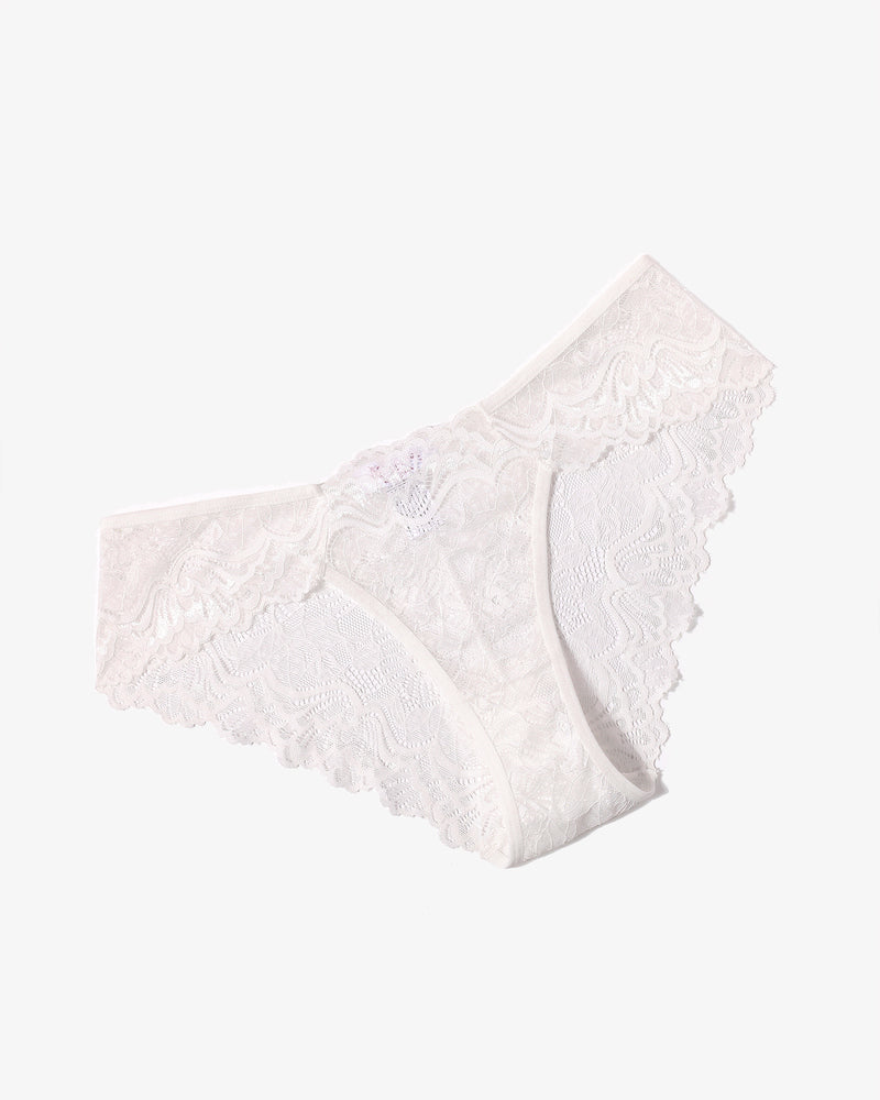 White lace hipster panties with scalloped lace trim and floral lace pattern