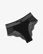 Black lace cheeky hipster panties with striped waistband and scalloped lace side