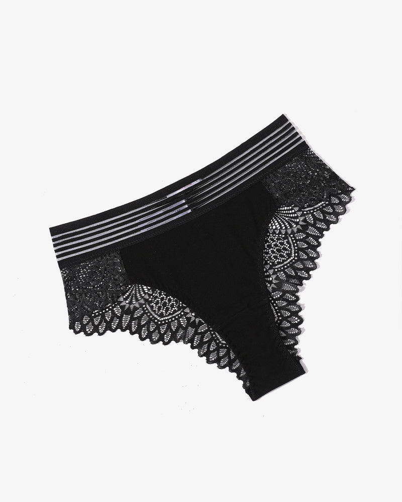 Black lace cheeky hipster panties with striped waistband and scalloped lace side
