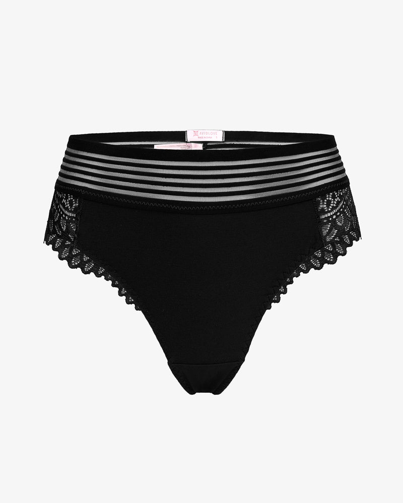 Black lace cheeky hipster panties with striped waistband and scalloped lace trim