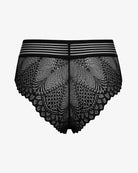 Black lace cheeky hipster panties with striped waistband and lace rear panel