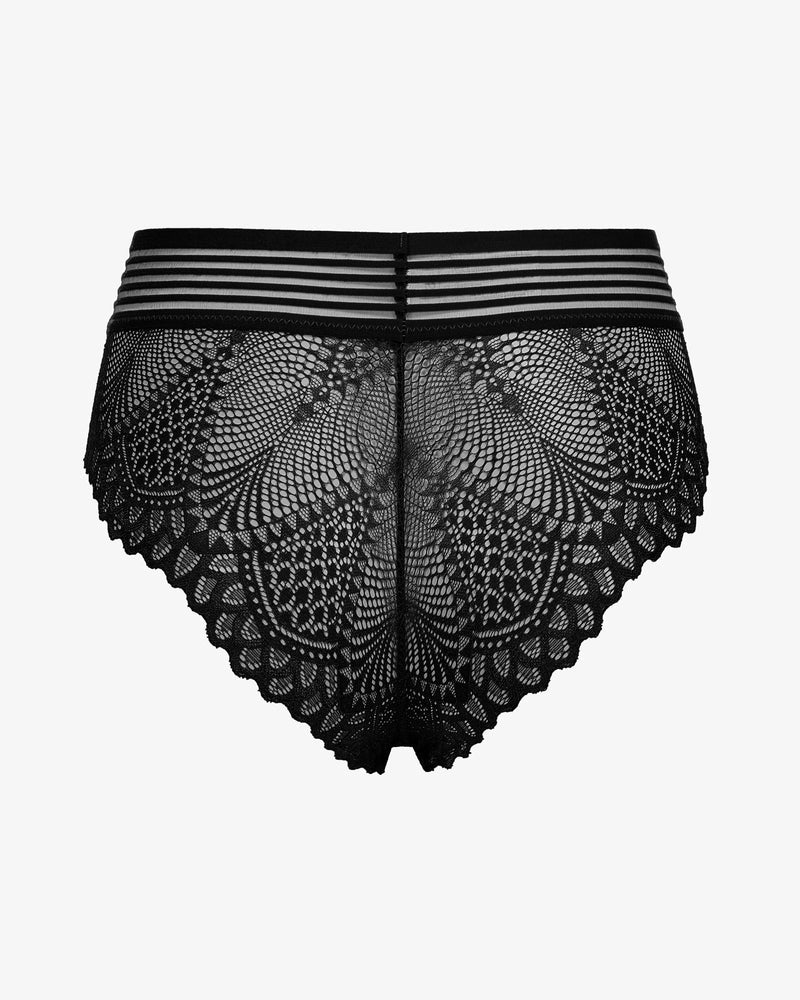 Black lace cheeky hipster panties with striped waistband and lace rear panel
