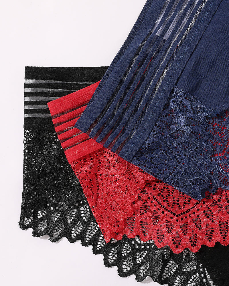 Lace hipster panties close-up in navy, red, and black with striped waistband.