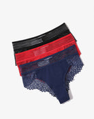 Lace hipster panties set in black, red, and navy with scalloped lace edges.