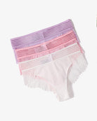 Lace hipster panties set in lavender, pink, and white with striped waistband.