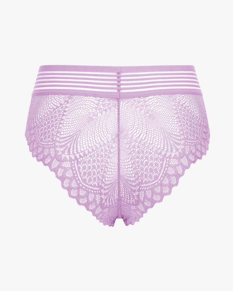 Lavender lace cheeky hipster panties with striped waistband and scalloped edges