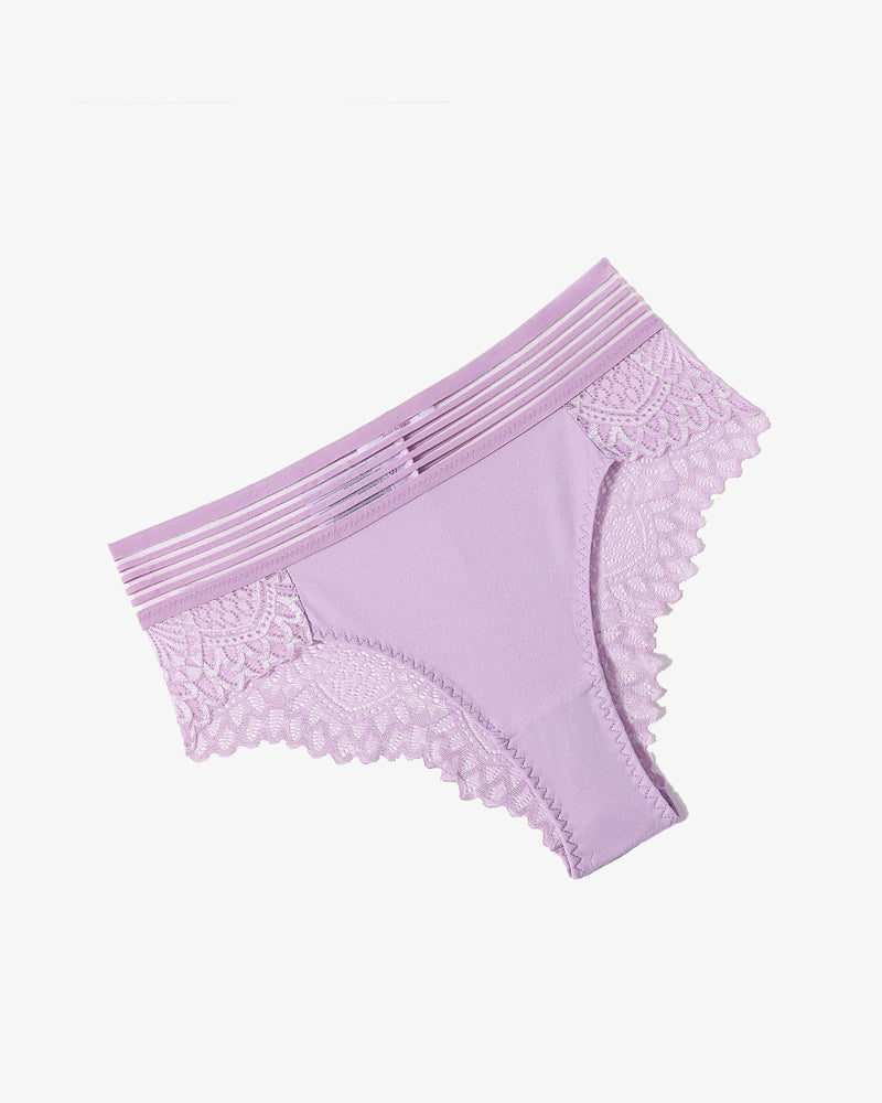 Light lavender lace cheeky hipster panties with striped waistband and lace trim