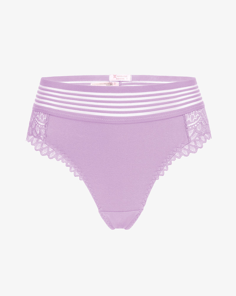 Lavender lace cheeky hipster panties with striped waistband and scalloped lace leg