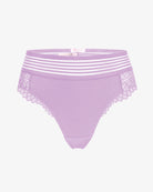 Lavender lace cheeky hipster panties with striped waistband and scalloped lace leg