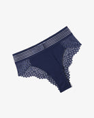 Navy lace cheeky hipster panties with striped waistband and scalloped lace trim