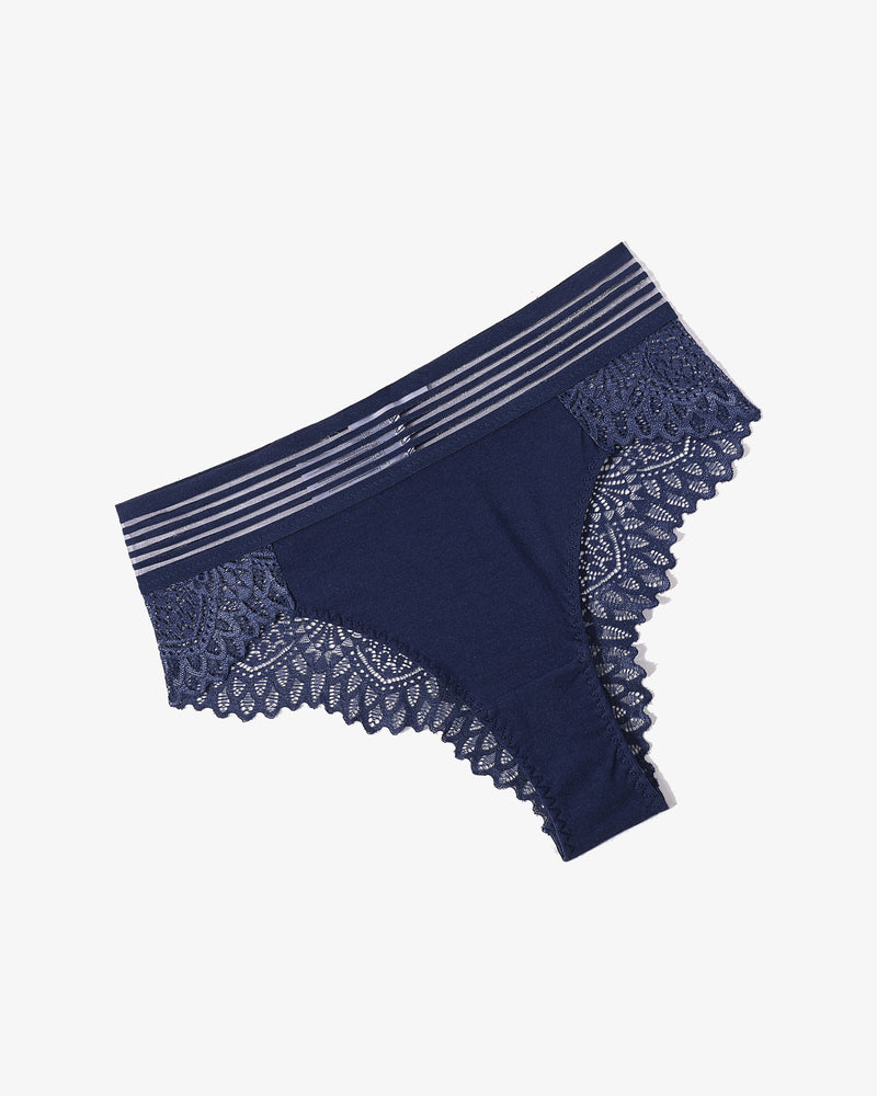 Navy lace cheeky hipster panties with striped waistband and scalloped lace trim