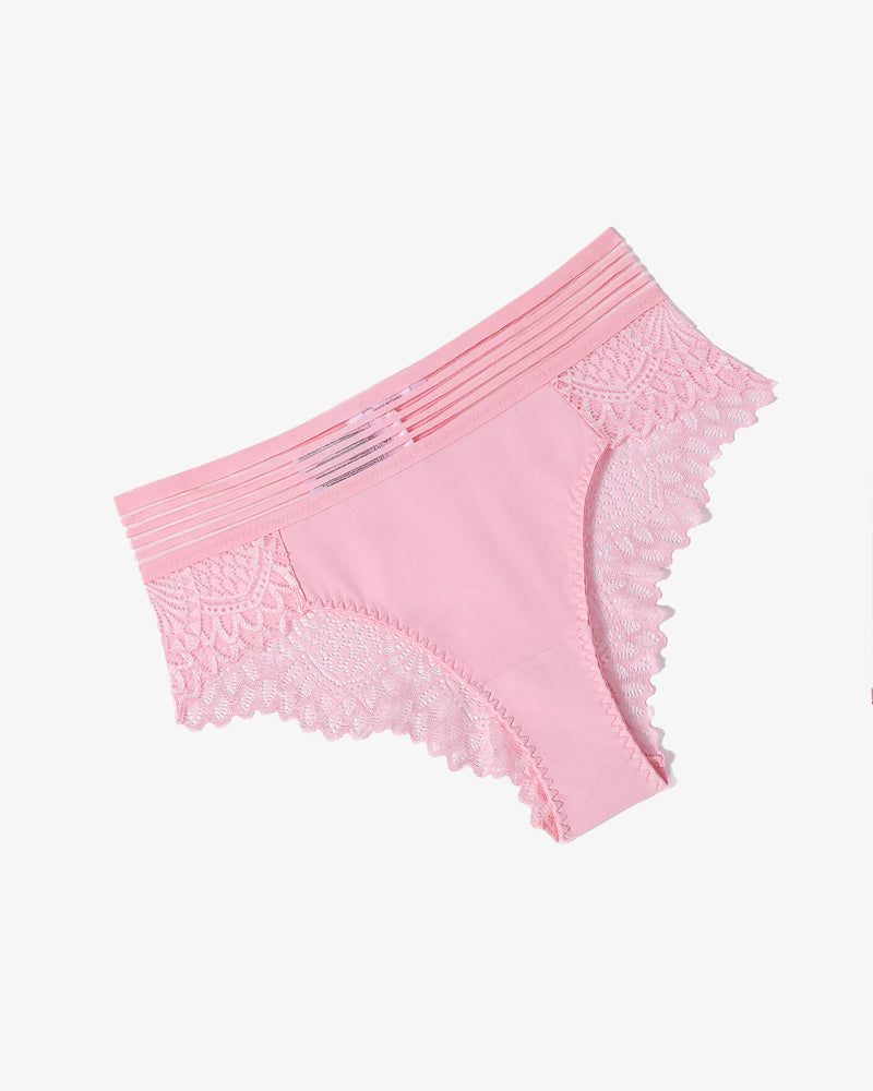Light pink lace cheeky hipster panties with striped waistband and scalloped edges