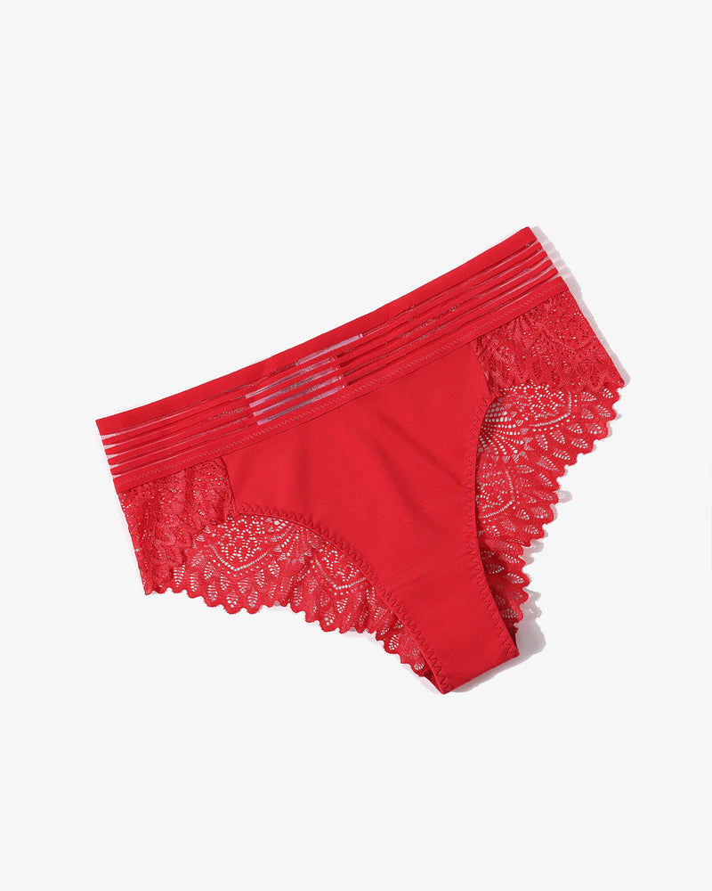 Red lace cheeky hipster panties with striped waistband and scalloped lace trim