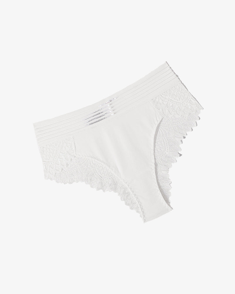 White lace cheeky hipster panties with striped waistband and scalloped lace edges