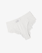 White lace cheeky hipster panties with striped waistband and scalloped lace edges
