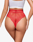 Red lace cheeky hipster panties with striped waistband and lace back panel