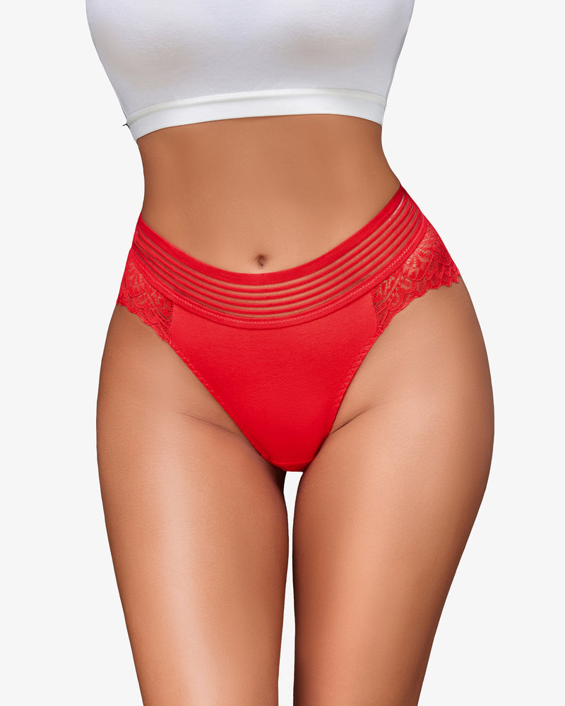 Red cheeky hipster panties with striped waistband and scalloped lace trim