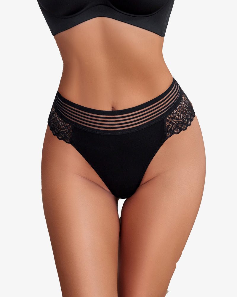 Black lace hipster panties with striped waistband worn on model.