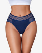 Navy cheeky hipster panties with striped waistband and lace trim