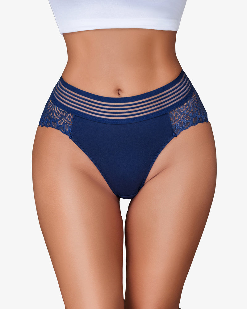 Navy cheeky hipster panties with striped waistband and lace trim