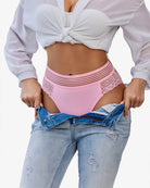 Rose pink lace cheeky hipster panties with striped band and scalloped lace trim