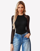 Black turtleneck mesh one-piece leotard with sheer long sleeves