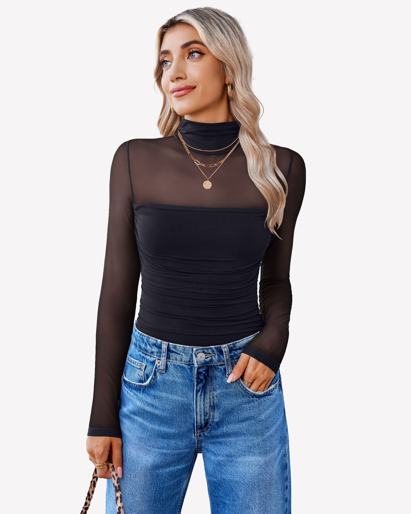 Black mesh turtleneck long-sleeve bodysuit with ruched torso
