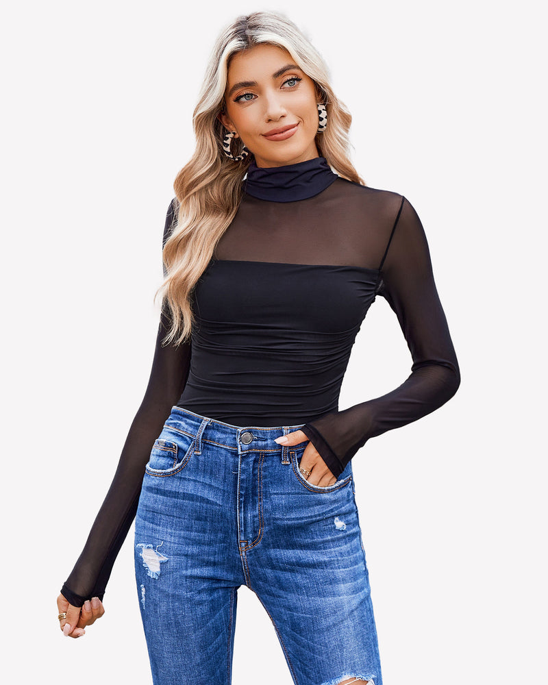 Black mesh turtleneck long-sleeve bodysuit with ruched center