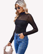 Black mesh turtleneck long-sleeve bodysuit with gathered front