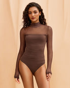 Brown mesh turtleneck long-sleeve bodysuit with ruched front