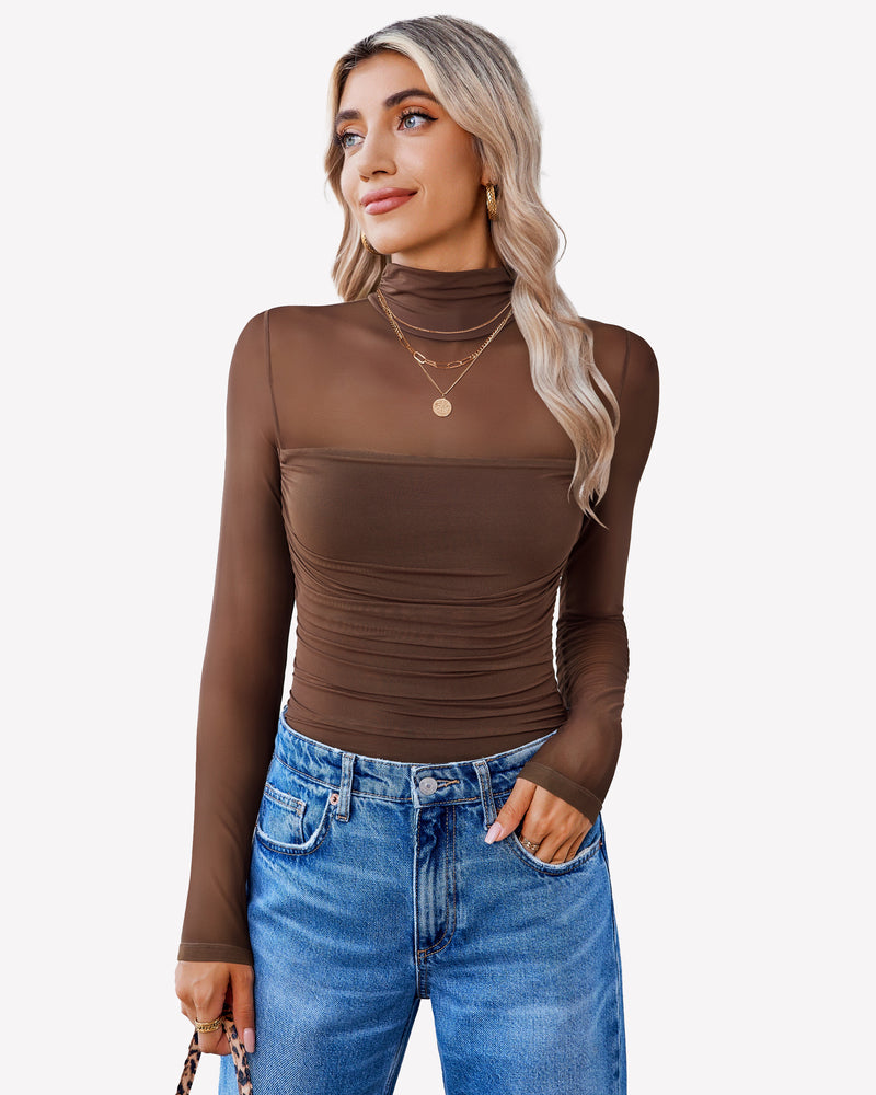 Brown mesh turtleneck long-sleeve bodysuit with fitted ruched waist