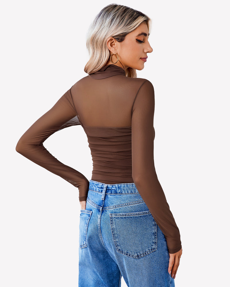 Brown mesh turtleneck long-sleeve bodysuit, side/back view