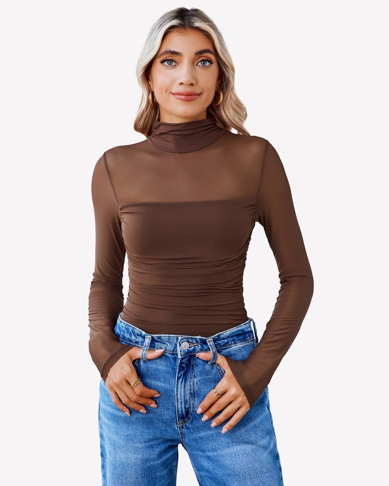 Brown mesh turtleneck long-sleeve bodysuit with ruched front