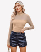 Mesh turtle-neck bodysuit, long sleeves, tan