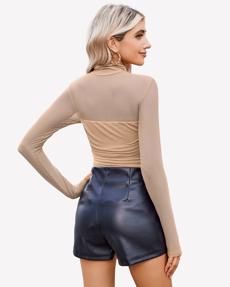 Mesh turtle-neck bodysuit, long sleeves, tan, back view