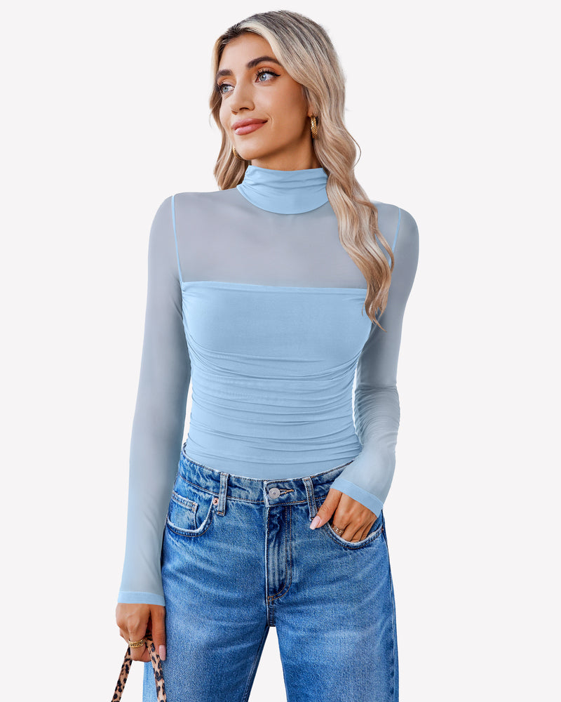 Light blue mesh turtleneck bodysuit with ruched waist, long sleeves.