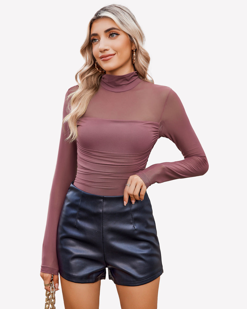 Mesh turtle-neck bodysuit, long sleeves, mauve