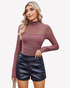 Mesh turtle-neck bodysuit, long sleeves, mauve