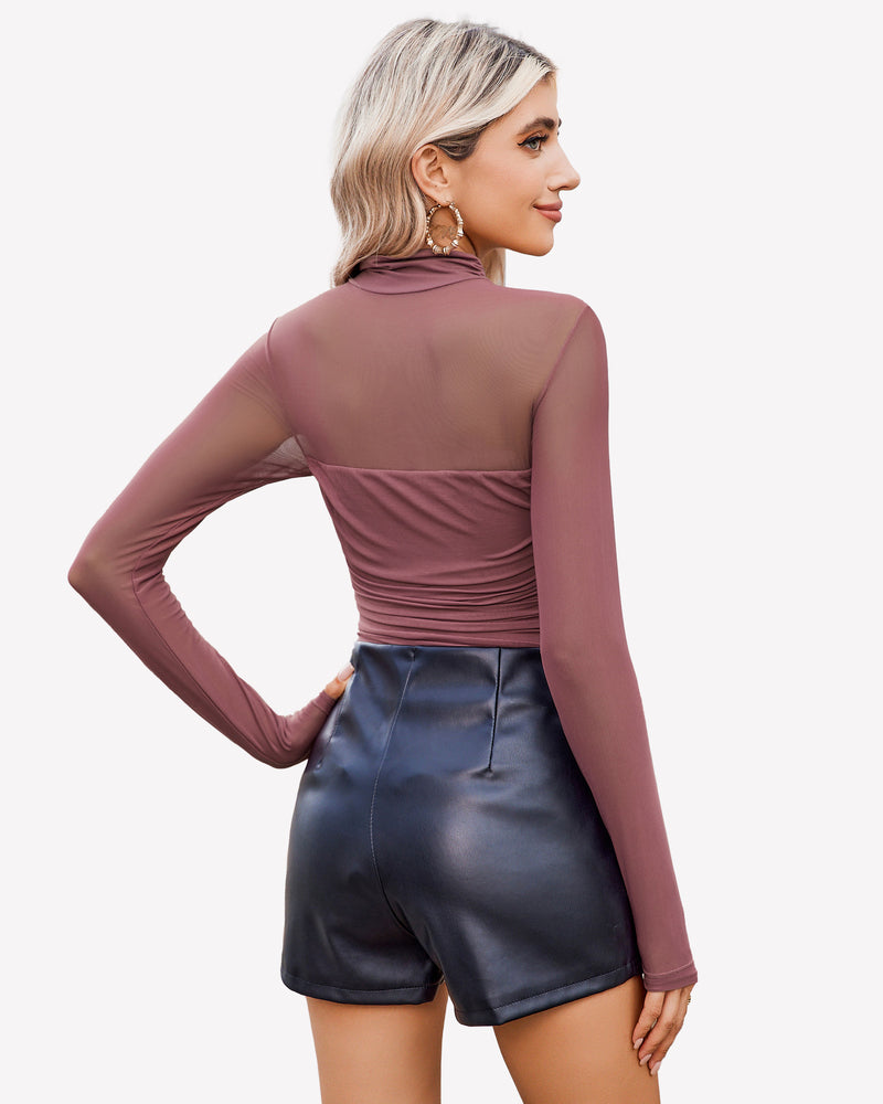 Mesh turtle-neck bodysuit, long sleeves, mauve, back view