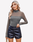Turtle-neck mesh bodysuit with long sleeves and ruched front, dark gray