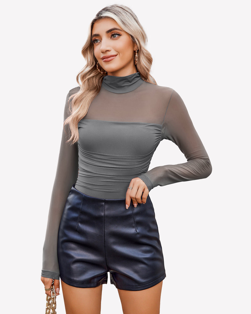 Turtle-neck mesh bodysuit with long sleeves and ruched front, dark gray
