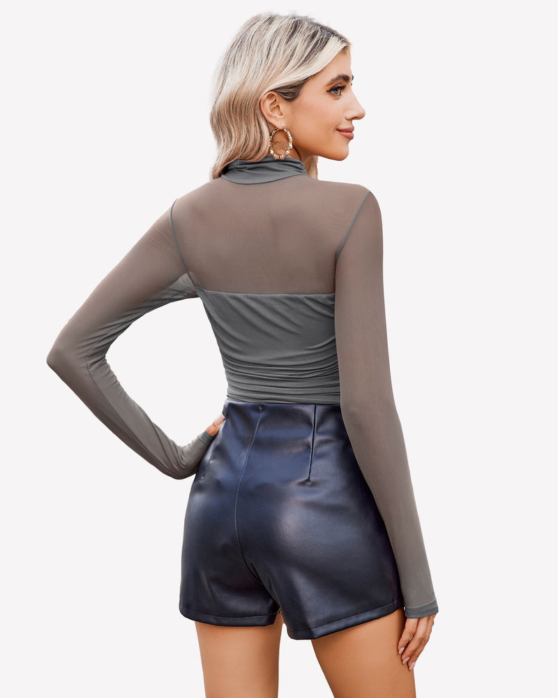 Turtle-neck mesh bodysuit, long sleeves and ruched back, dark gray